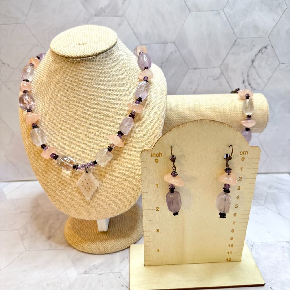 Amethyst Rose Crystal Quartz Set Necklace Bracelet Earrings Sterling 925 Chunky